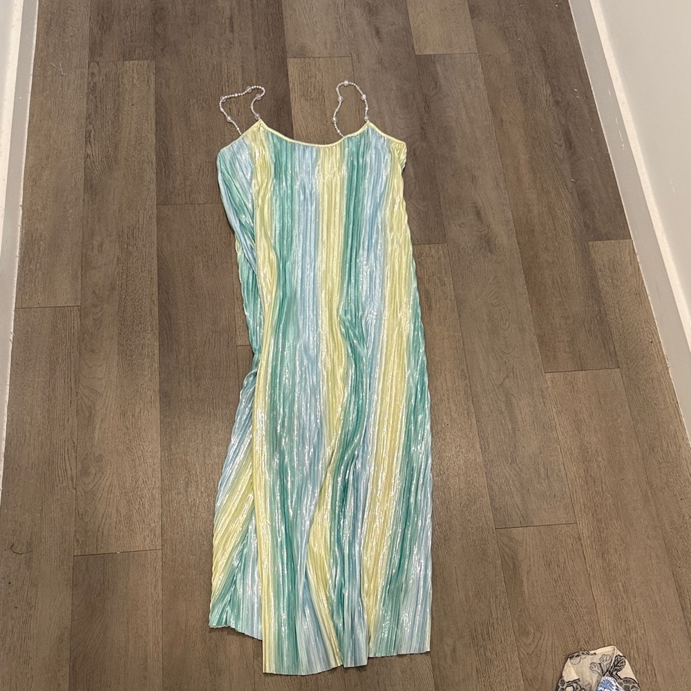 Cider Sleeveless Striped Pleated Maxi Dress in Pastel Yellow & Aqua